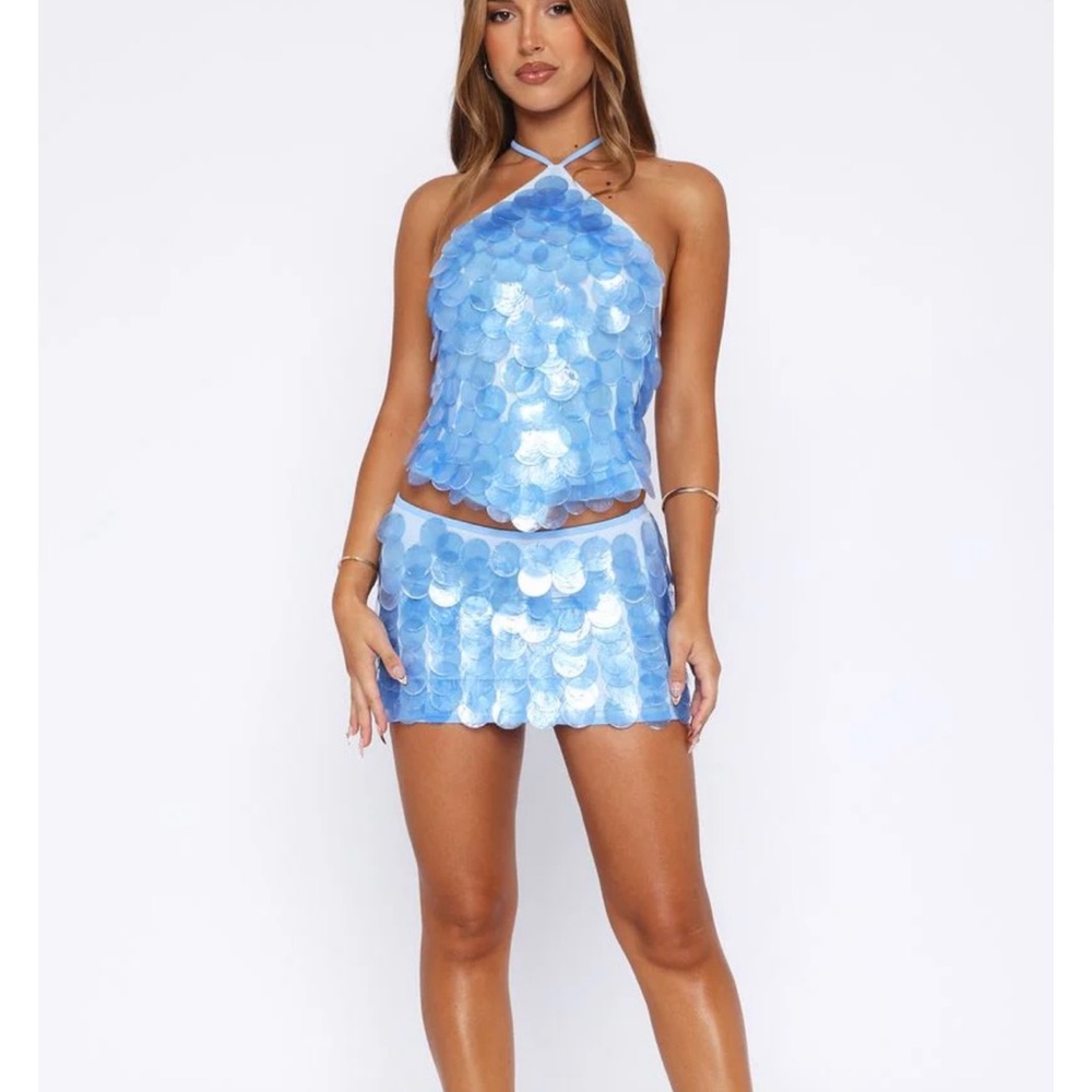 Whitefox Boutique- Blue Shell Halter Top and Skirt Set- Size Small